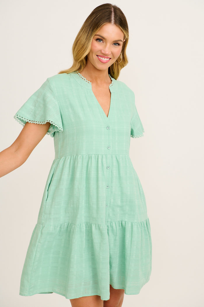 Bora Dress in Mint Textured Cotton front