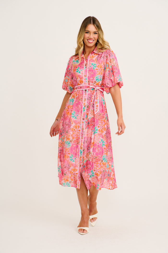 Enchanted Hour Midi Shirt Dress in Pink Floral Cotton Blend full length