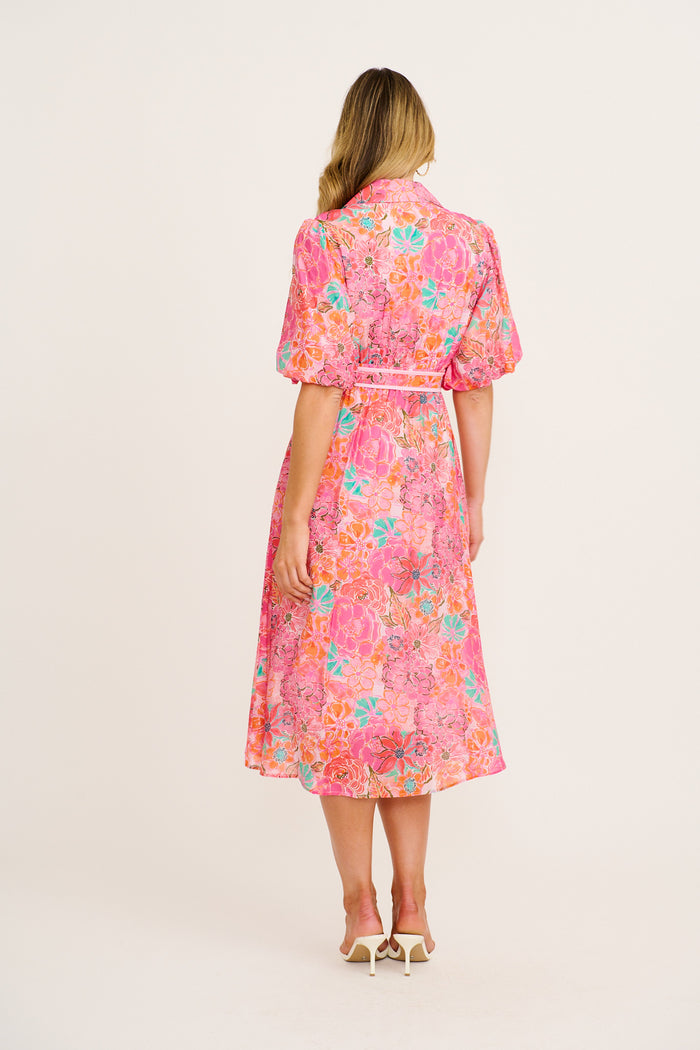 Enchanted Hour Midi Shirt Dress in Pink Floral Cotton Blend back
