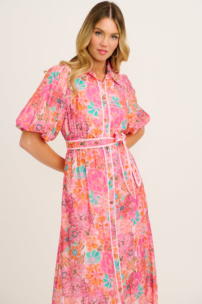 Enchanted Hour Midi Shirt Dress in Pink Floral Cotton Blend front