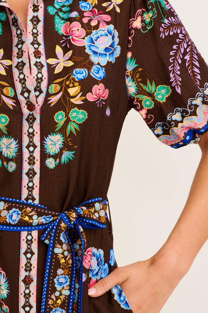Enthusiast Maxi Shirt Dress in Chocolate Multi Floral Print Linen Blend detail