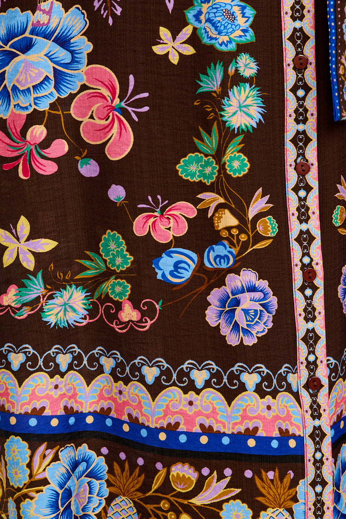 Enthusiast Maxi Shirt Dress in Chocolate Multi Floral Print Linen Blend fabric