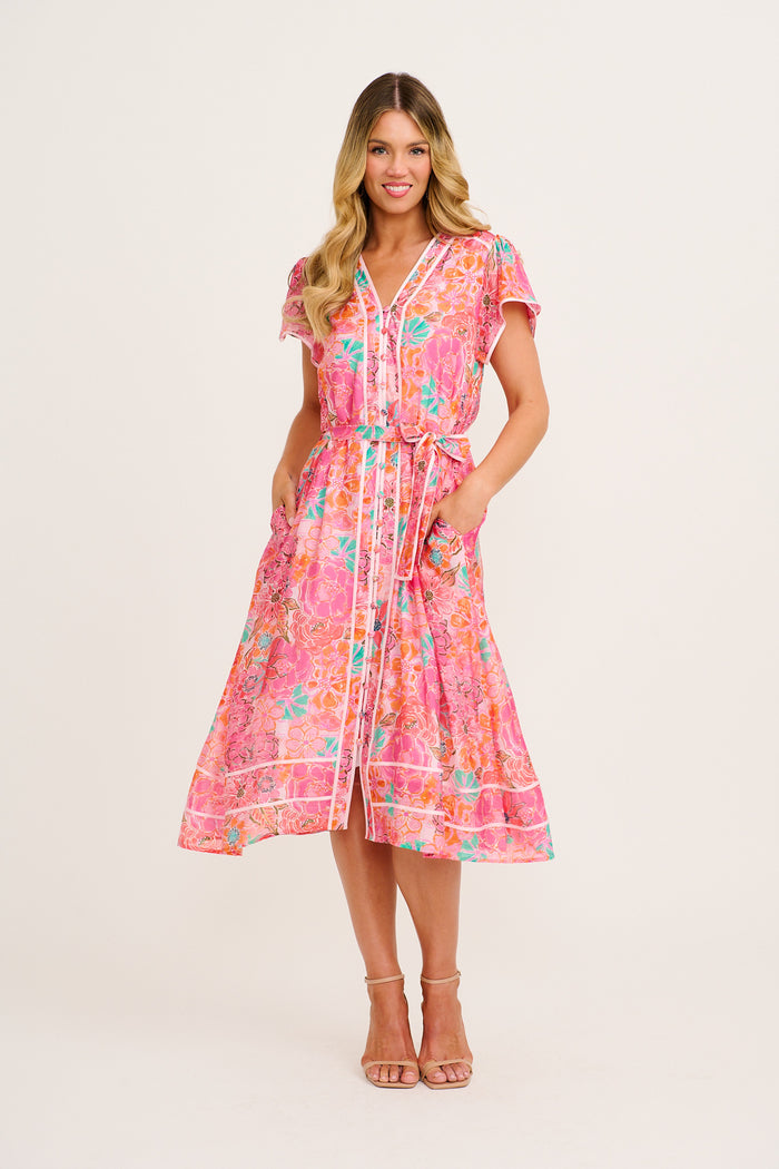 Social Hour Midi Dress in Pink Floral Cotton Blend full length