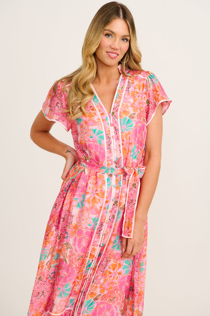 Social Hour Midi Dress in Pink Floral Cotton Blend front