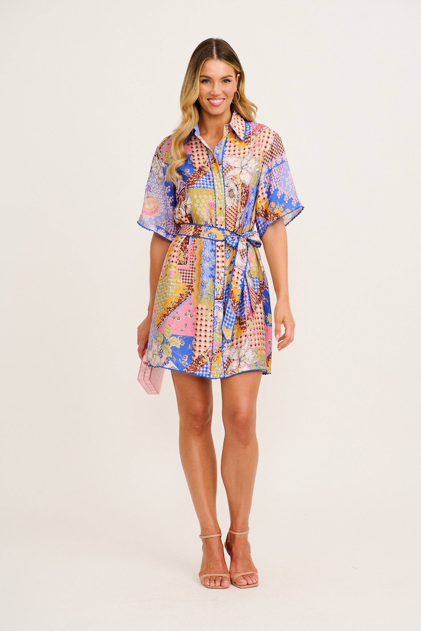 Miela Shirt Dress in Multi Patchwork Print full length