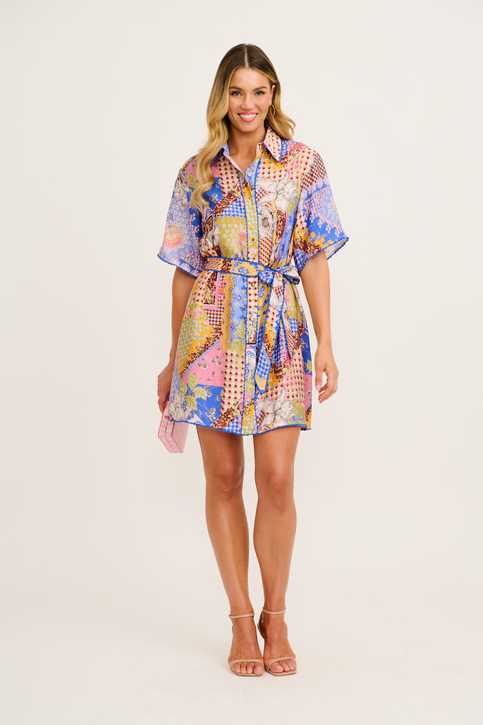 Miela Shirt Dress in Multi Patchwork Print full length