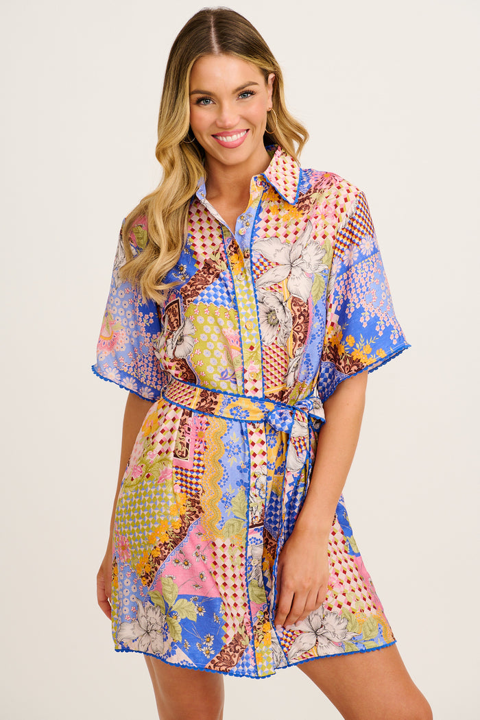 Miela Shirt Dress in Multi Patchwork Print front
