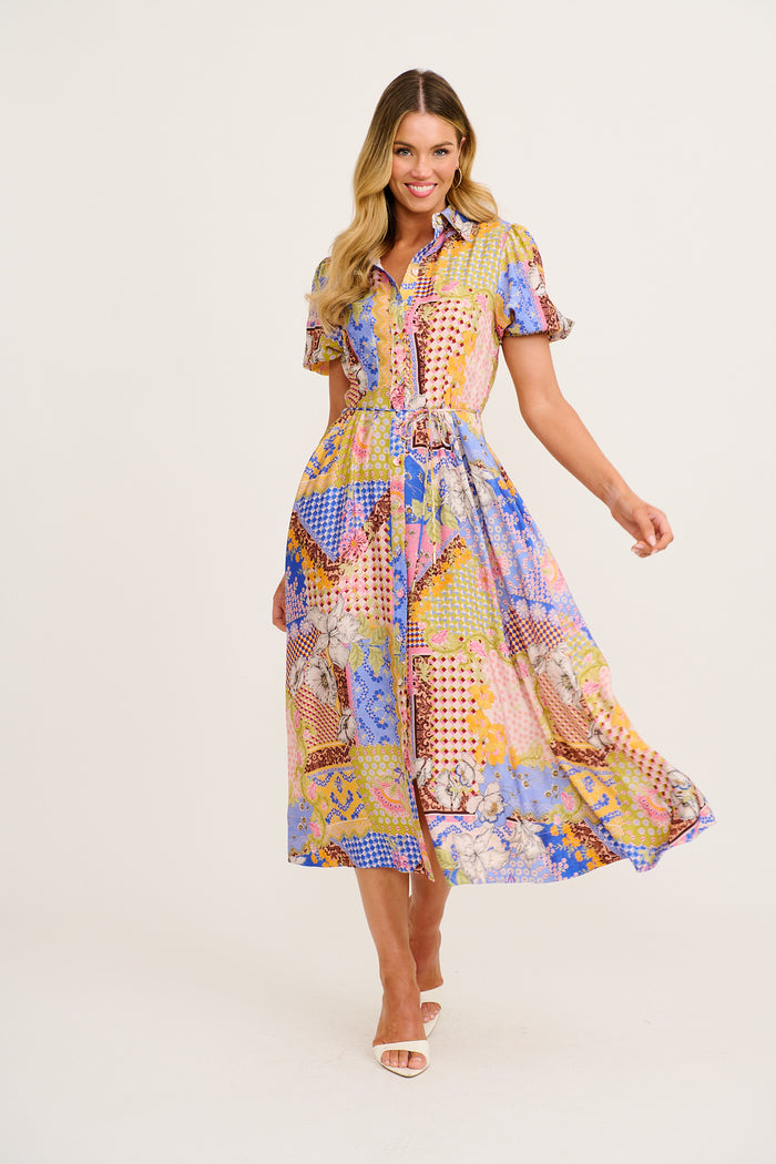 Sundrop Midi Shirt Dress in Multi Patchwork Print full length
