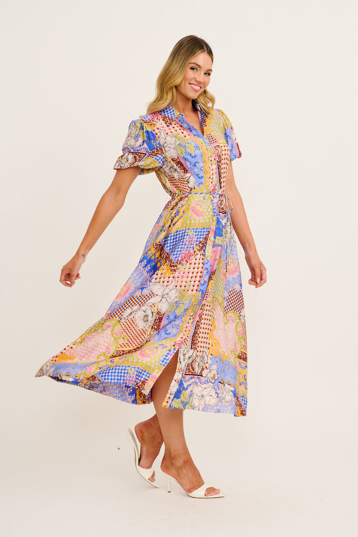 Sundrop Midi Shirt Dress in Multi Patchwork Print side
