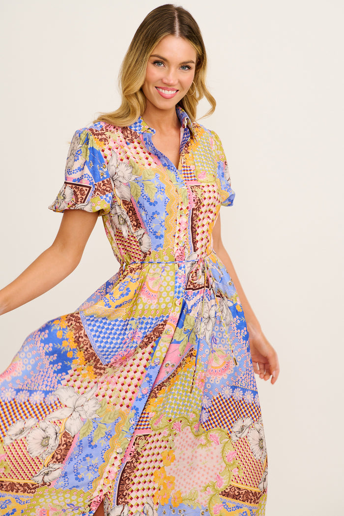 Sundrop Midi Shirt Dress in Multi Patchwork Print front