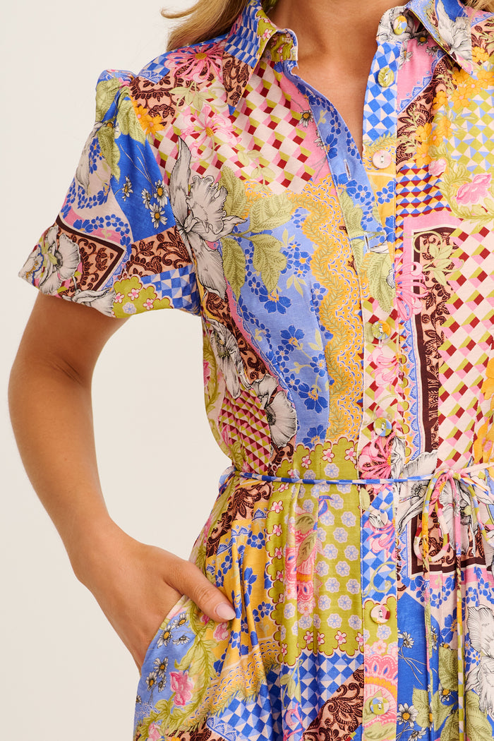 Sundrop Midi Shirt Dress in Multi Patchwork Print detail
