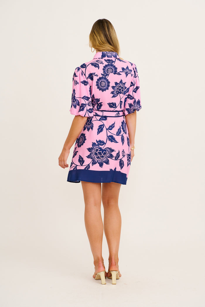 Dusk Soiree Shirt Dress in Pink with Navy Floral back