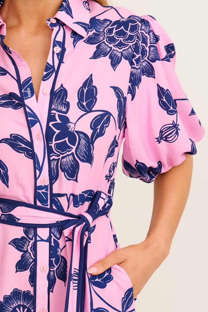Dusk Soiree Shirt Dress in Pink with Navy Floral detail