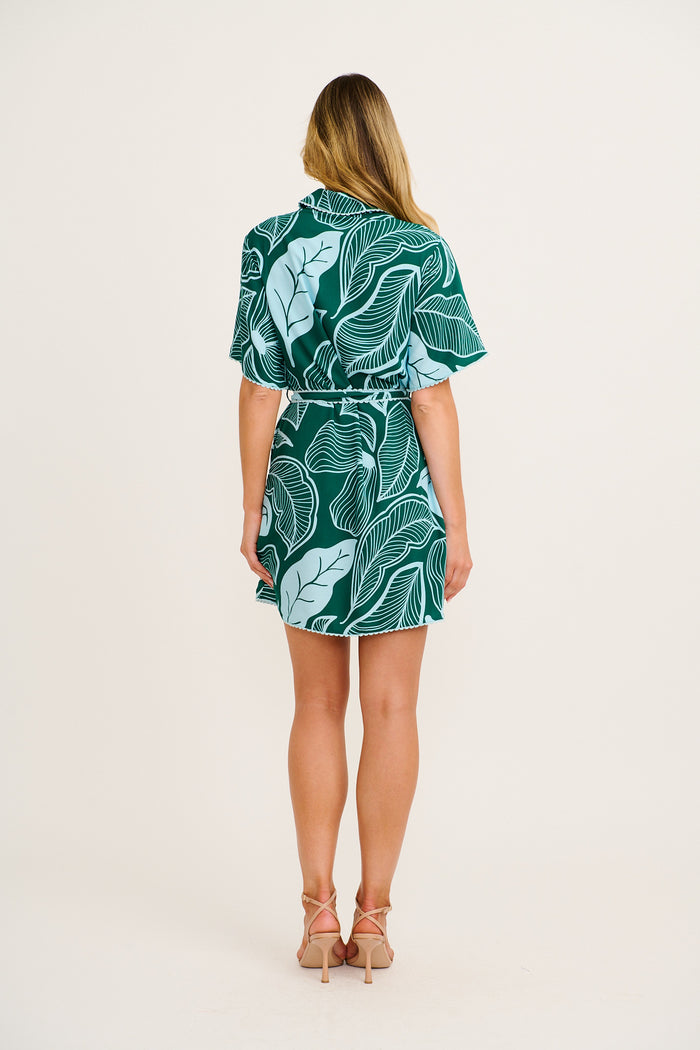 Nerisa Shirt Dress in Green Leaf Print back