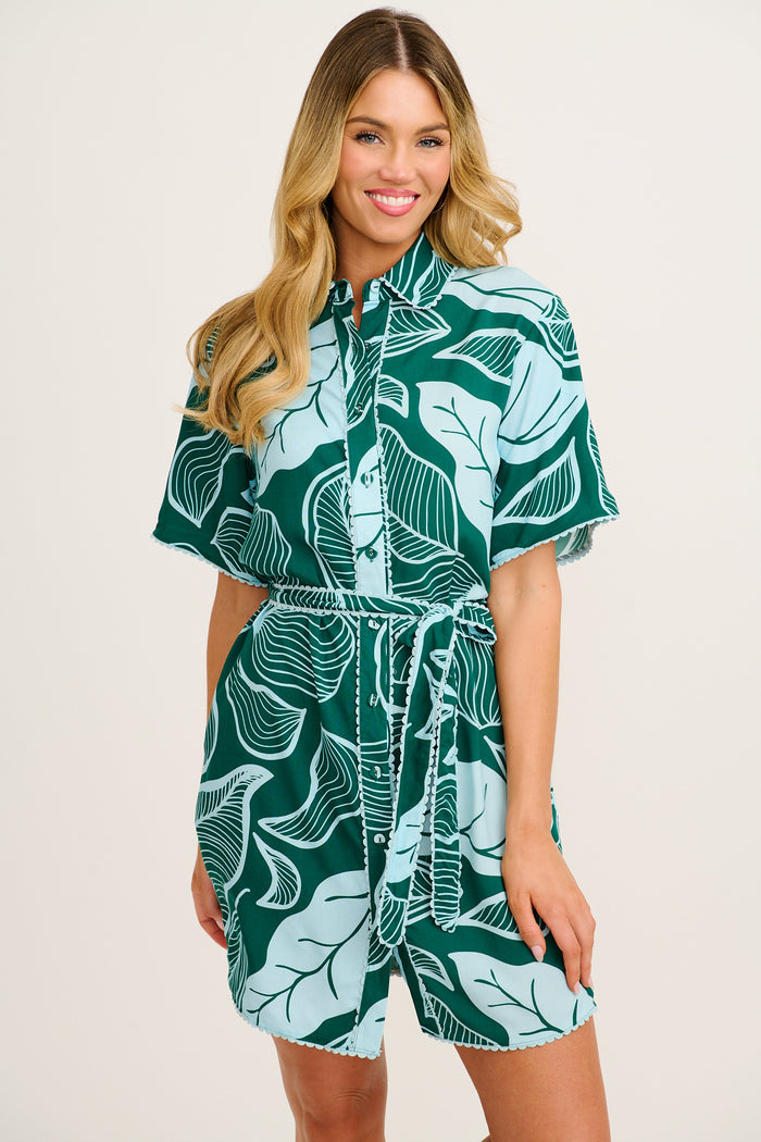 Nerisa Shirt Dress in Green Leaf Print front