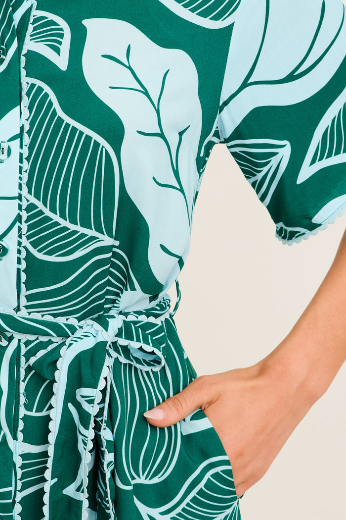 Nerisa Shirt Dress in Green Leaf Print detail