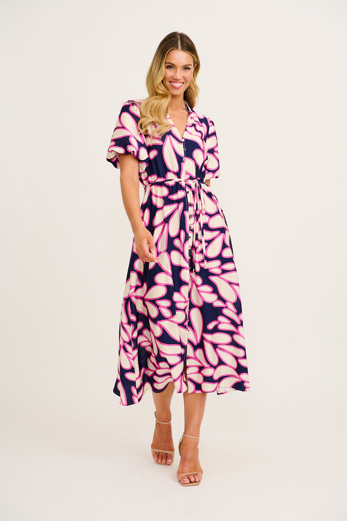 navy and pink midi dress Navy And Blush Floral Print Bell Sleeve Midi Dress AX Paris