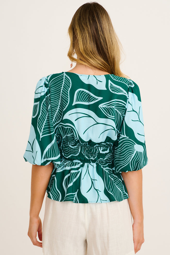 Aleda Top in Green Leaf Print back