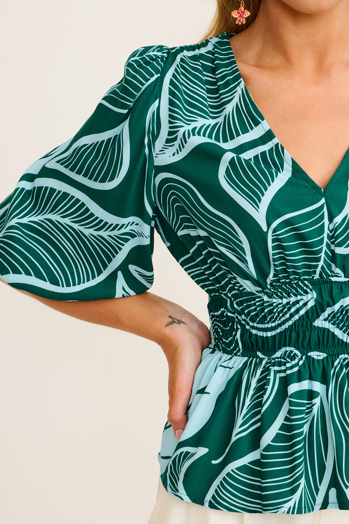 Aleda Top in Green Leaf Print detail