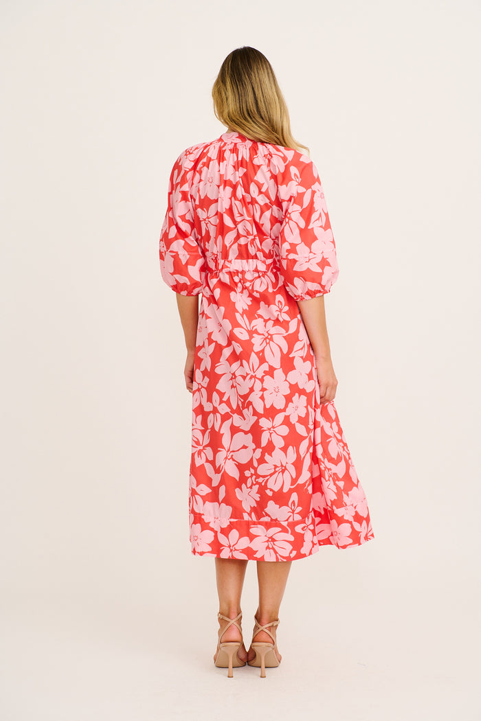 Mimsy Midi Dress in Red with Pink Floral Cotton back