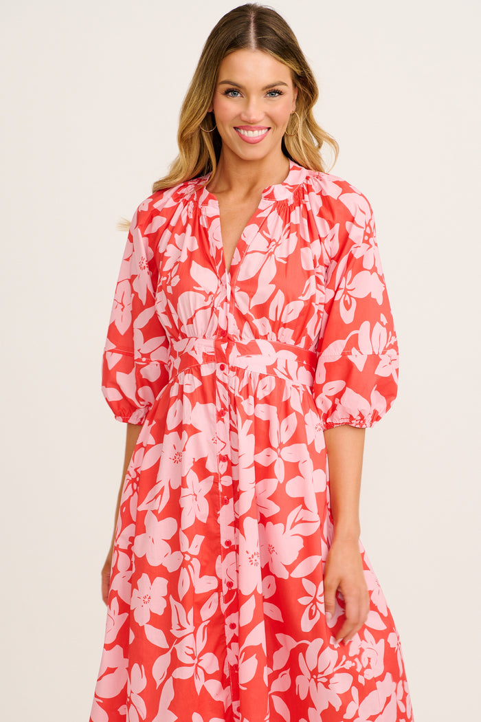 Mimsy Midi Dress in Red with Pink Floral Cotton front
