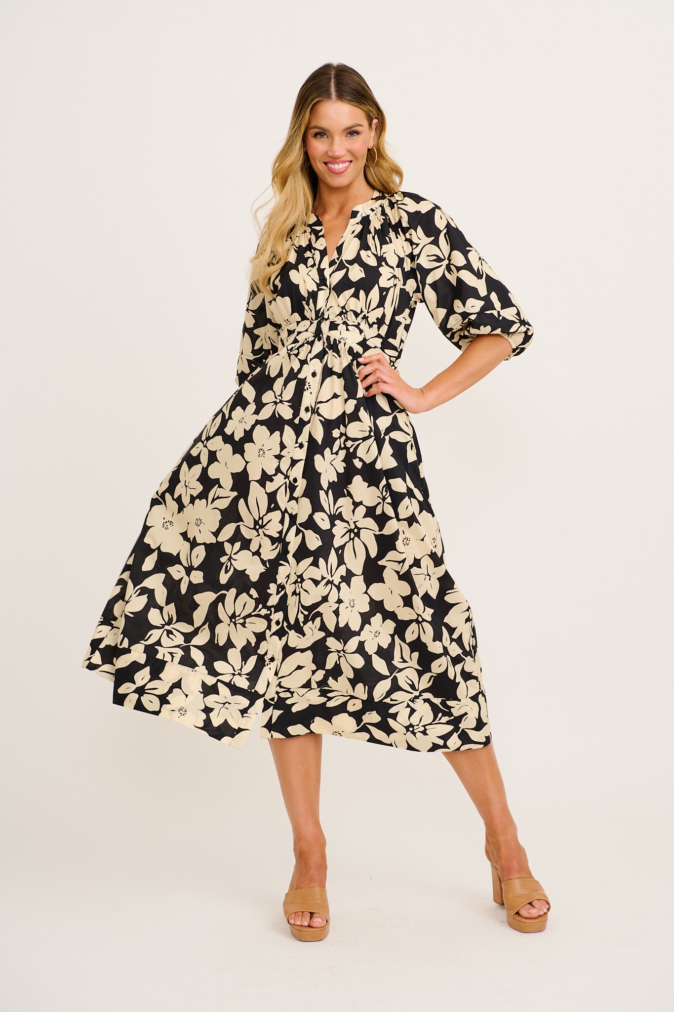 Mimsy Midi Dress in Cream with Black Floral Cotton full length