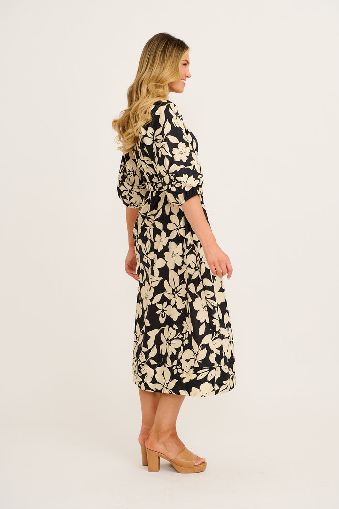Mimsy Midi Dress in Cream with Black Floral Cotton side