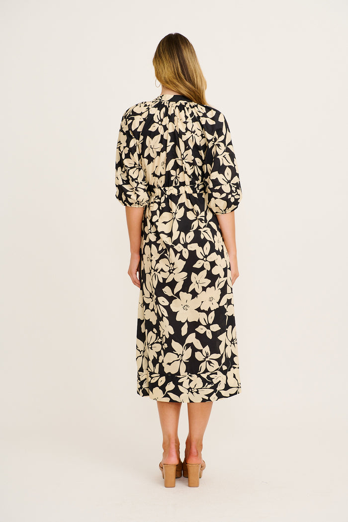 Mimsy Midi Dress in Cream with Black Floral Cotton back