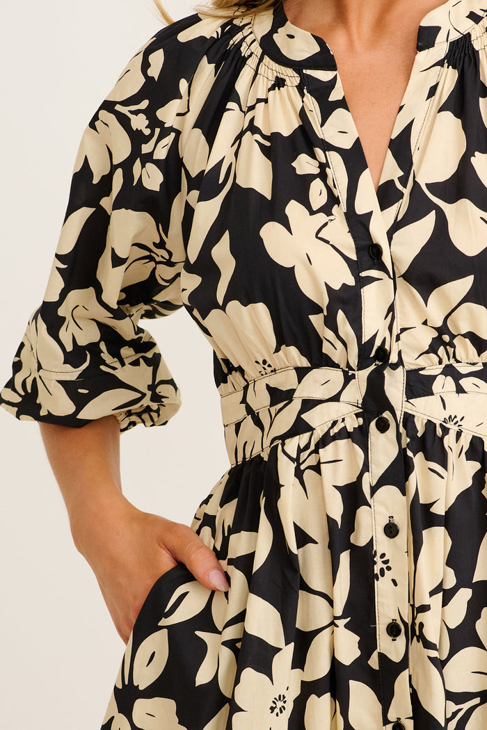 Mimsy Midi Dress in Cream with Black Floral Cotton detail