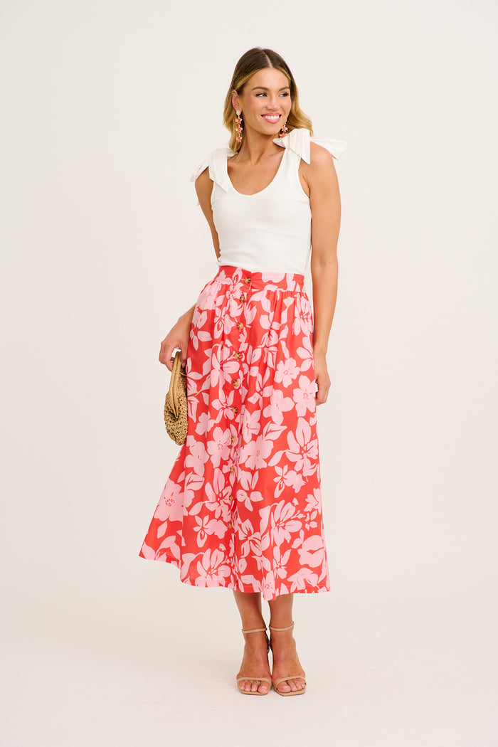 Stylish Structure Maxi Skirt in Red with Pink Floral Cotton full length