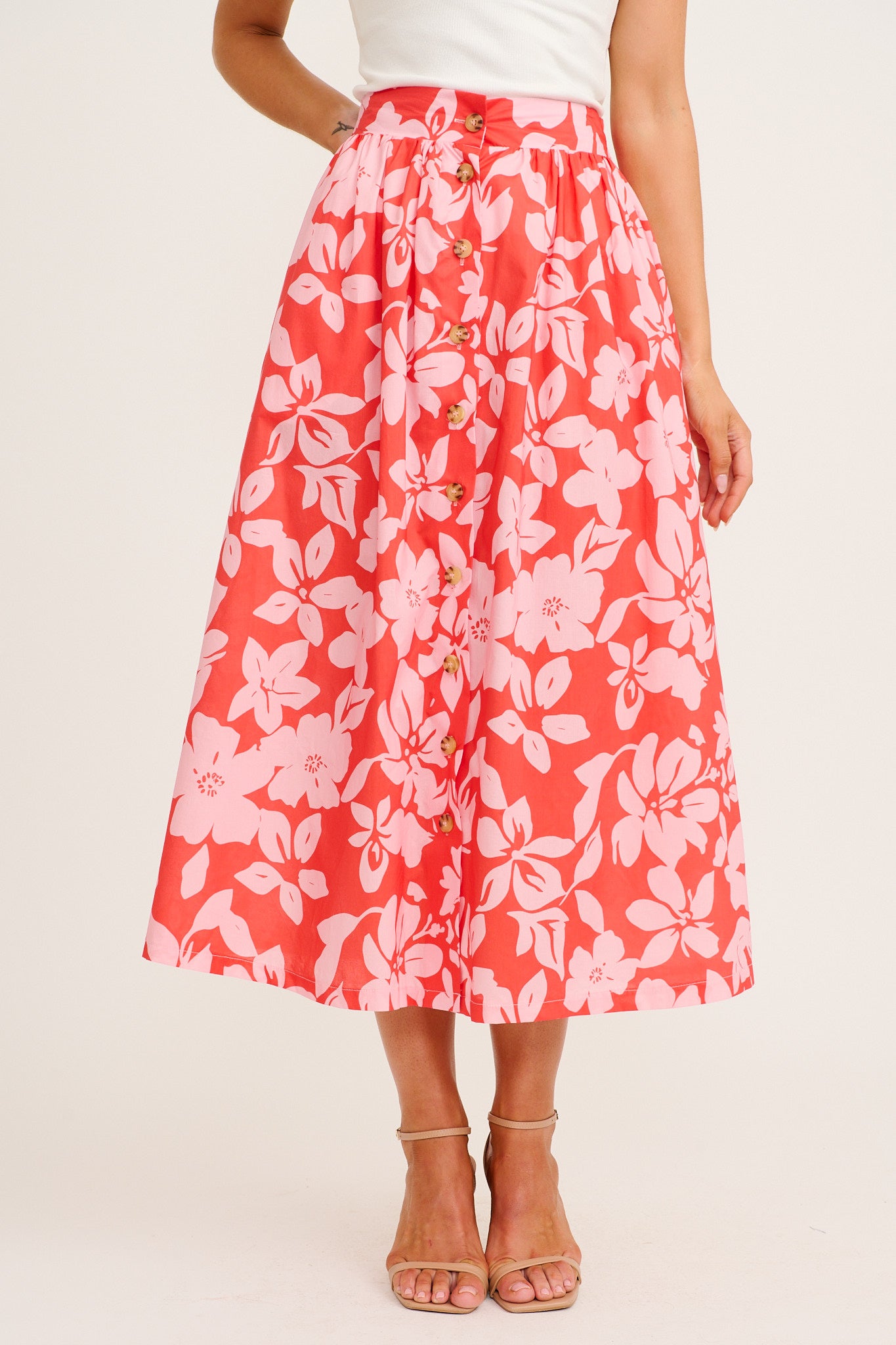 Stylish Structure Maxi Skirt in Red with Pink Floral Cotton front