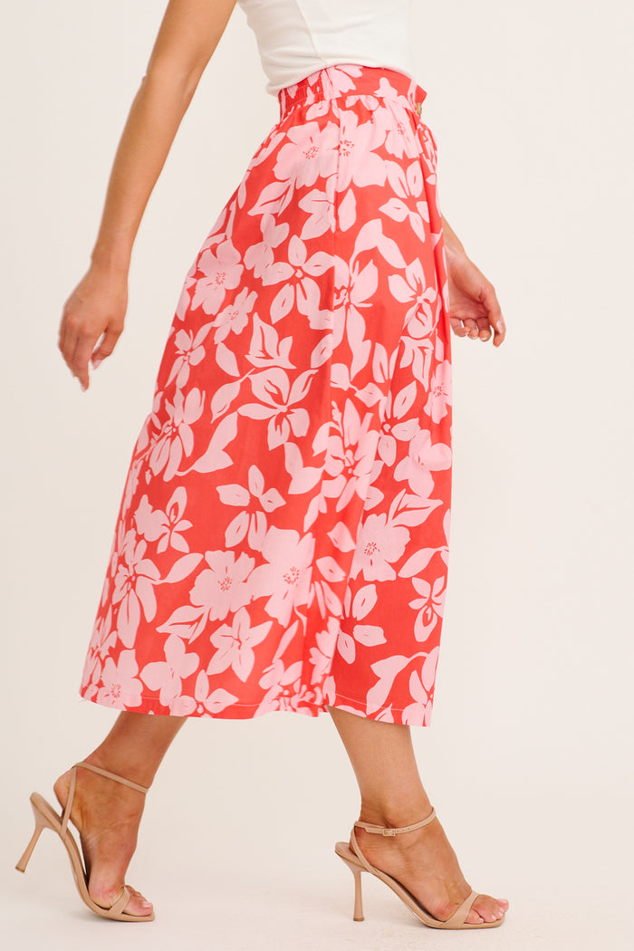 Stylish Structure Maxi Skirt in Red with Pink Floral Cotton side