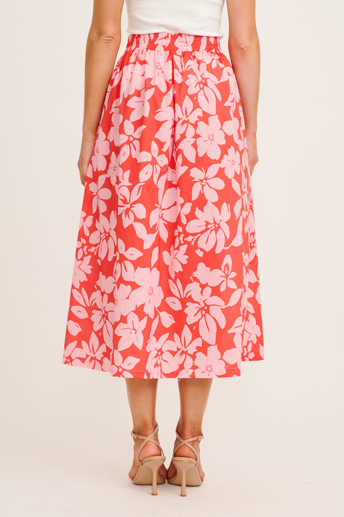 Stylish Structure Maxi Skirt in Red with Pink Floral Cotton back