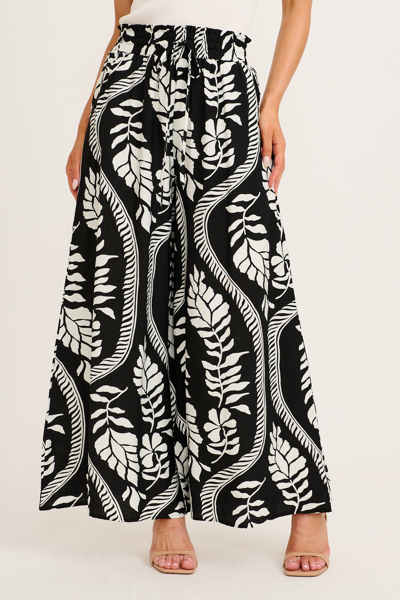 Goldie Wide Leg Pant in Black with White Leaf Print front