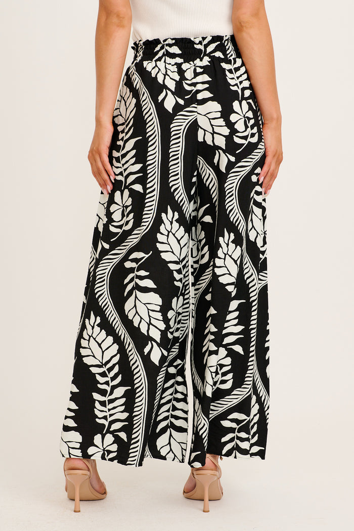 Goldie Wide Leg Pant in Black with White Leaf Print back