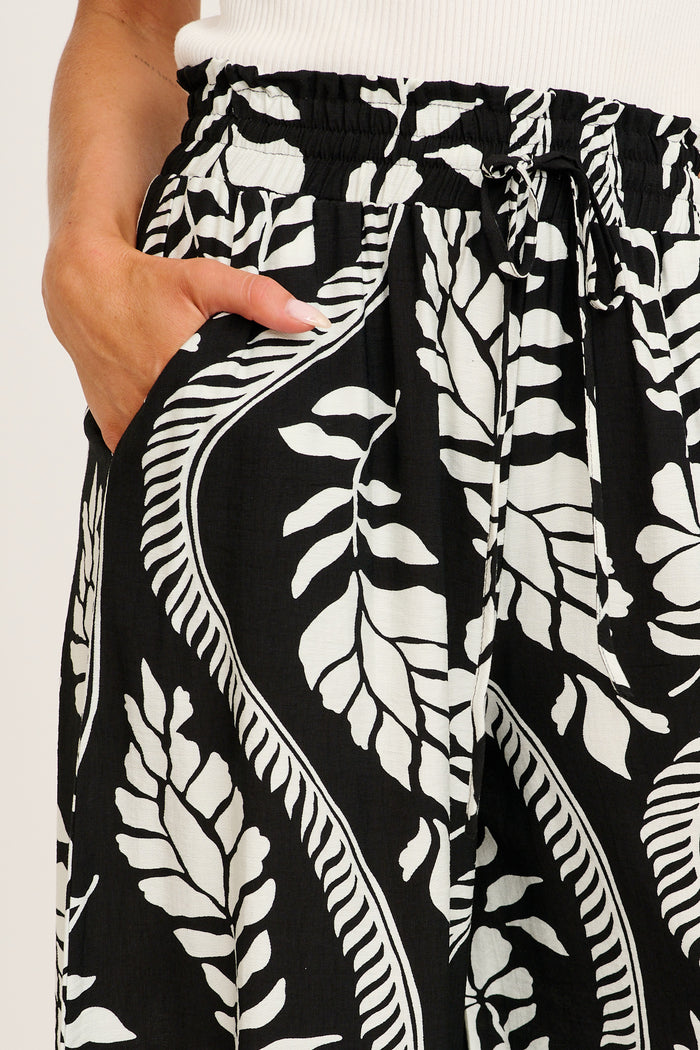 Goldie Wide Leg Pant in Black with White Leaf Print detail
