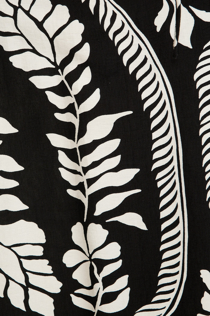 Goldie Wide Leg Pant in Black with White Leaf Print fabric
