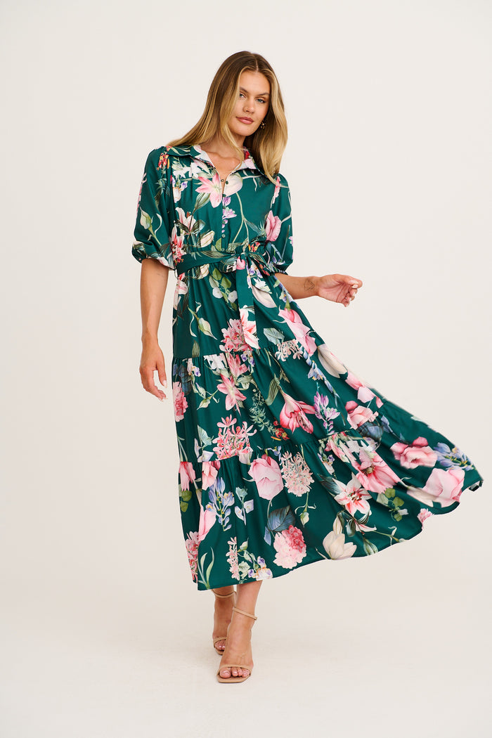 Love Song Maxi Dress in Green with Blush Floral
