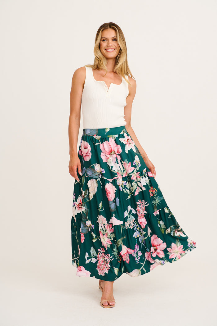 Newmoon Maxi Skirt in Green with Blush Floral full length