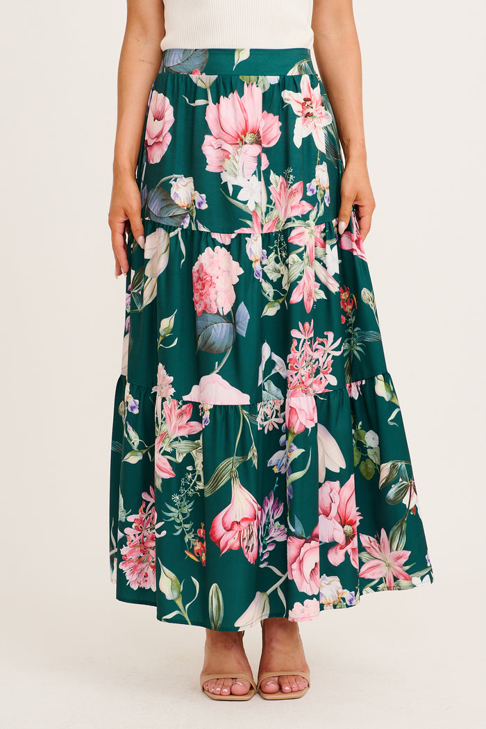 Newmoon Maxi Skirt in Green with Blush Floral
