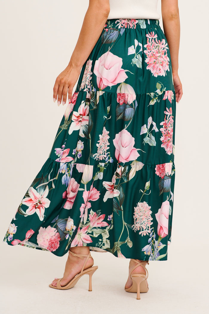 Newmoon Maxi Skirt in Green with Blush Floral back