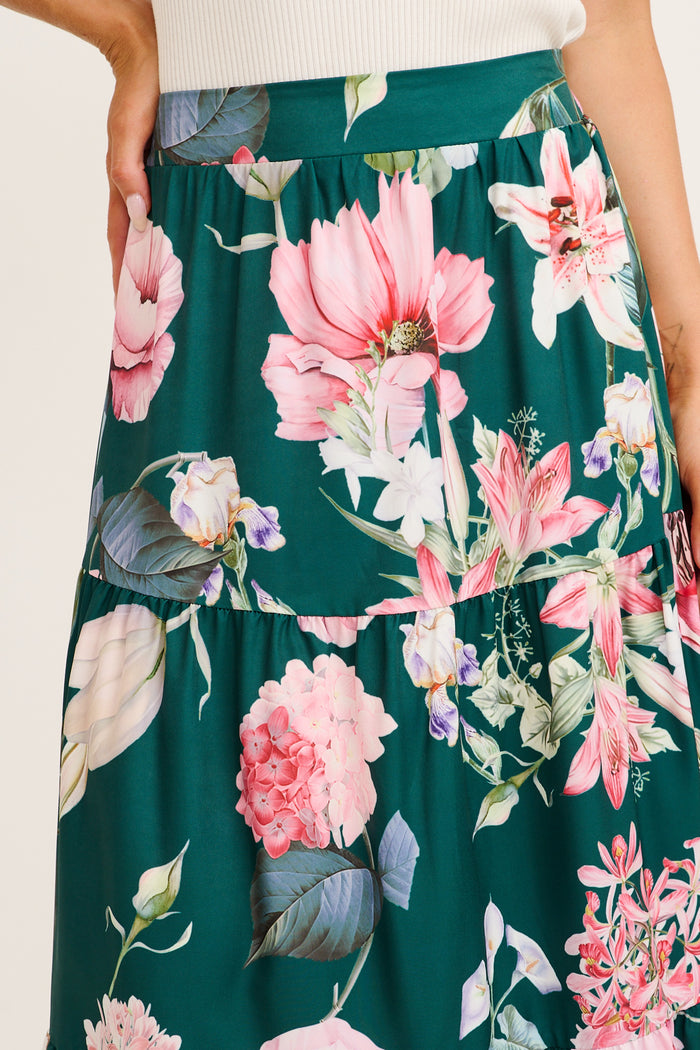 Newmoon Maxi Skirt in Green with Blush Floral detail