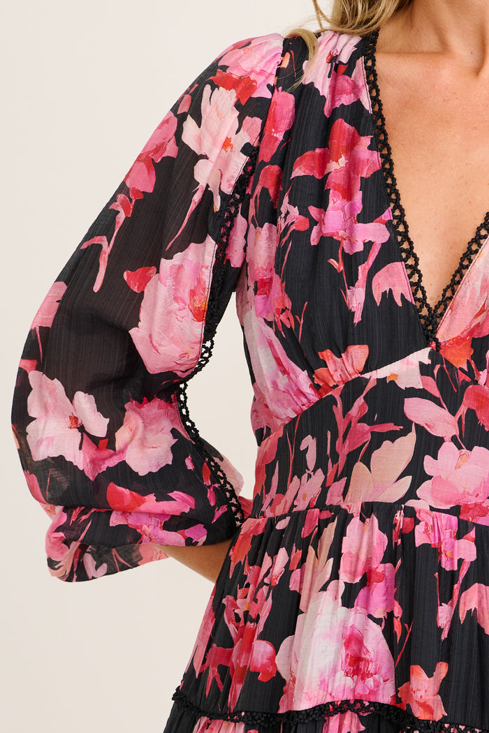 Riverstone Dress in Black with Pink Floral detail