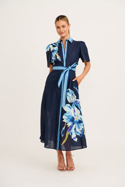 Scenic Dreams Maxi Shirt Dress in Navy with Blue Floral Cotton full length