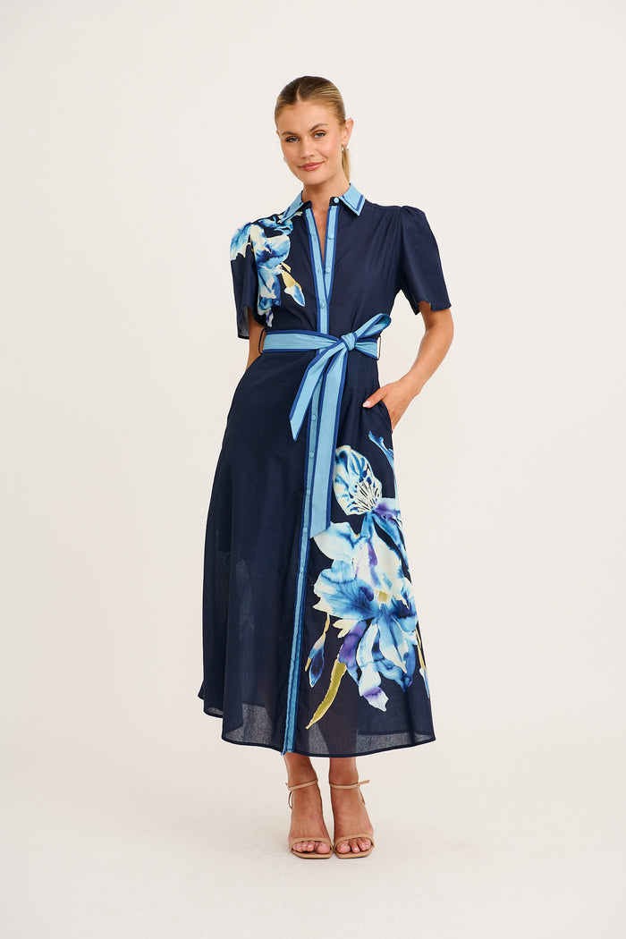 Scenic Dreams Maxi Shirt Dress in Navy with Blue Floral Cotton full length
