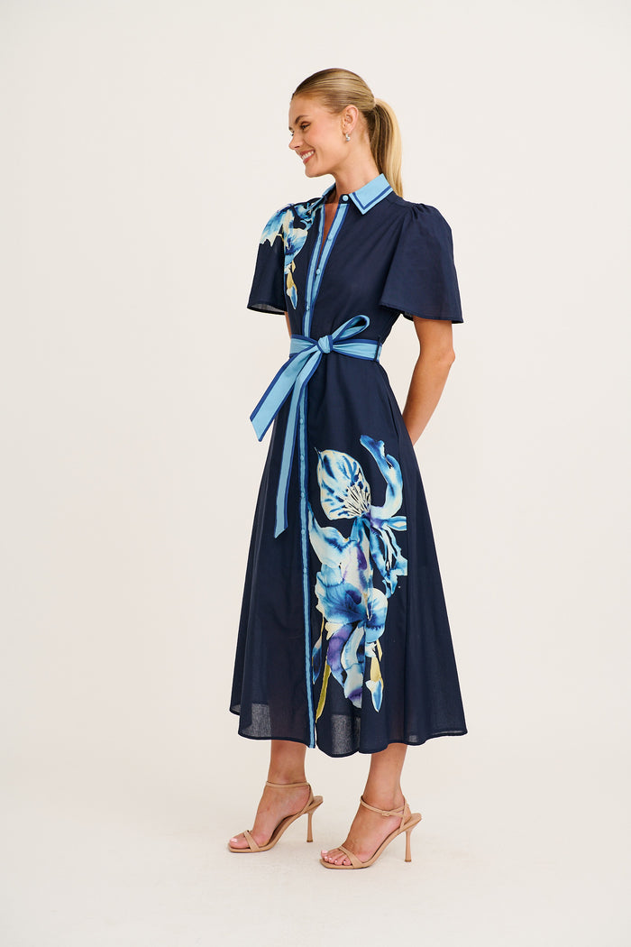 Scenic Dreams Maxi Shirt Dress in Navy with Blue Floral Cotton side