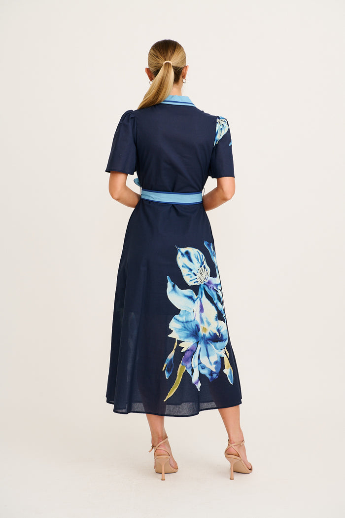 Scenic Dreams Maxi Shirt Dress in Navy with Blue Floral Cotton back