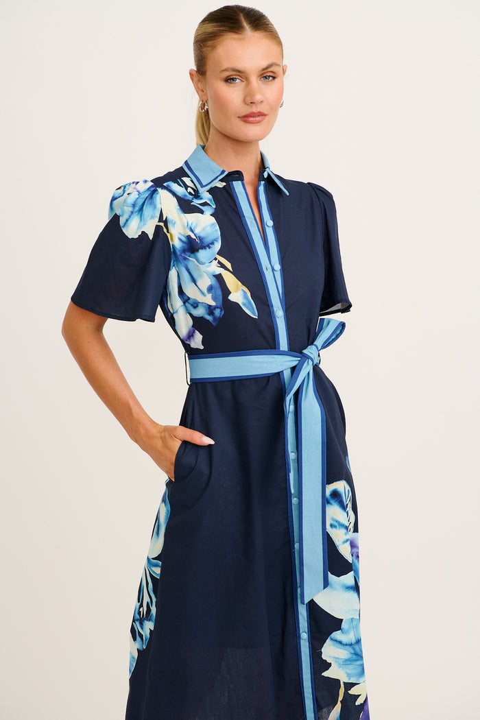 Scenic Dreams Maxi Shirt Dress in Navy with Blue Floral Cotton front