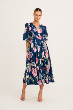 Aleda Maxi Dress in Navy Floral Linen Blend full length