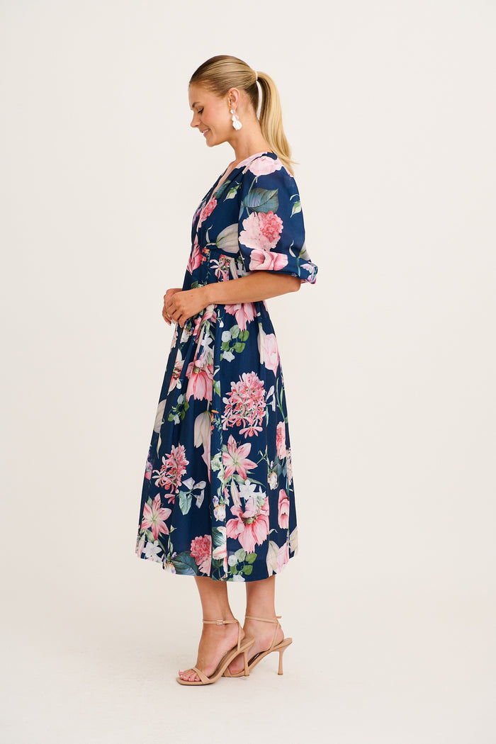Aleda Maxi Dress in Navy Floral Linen Blend side